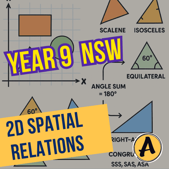 Diagram showing 2D spatial relations with shapes on a grid and triangles (scalene, isosceles, equilateral, right-angled) for Year 9 NSW Maths