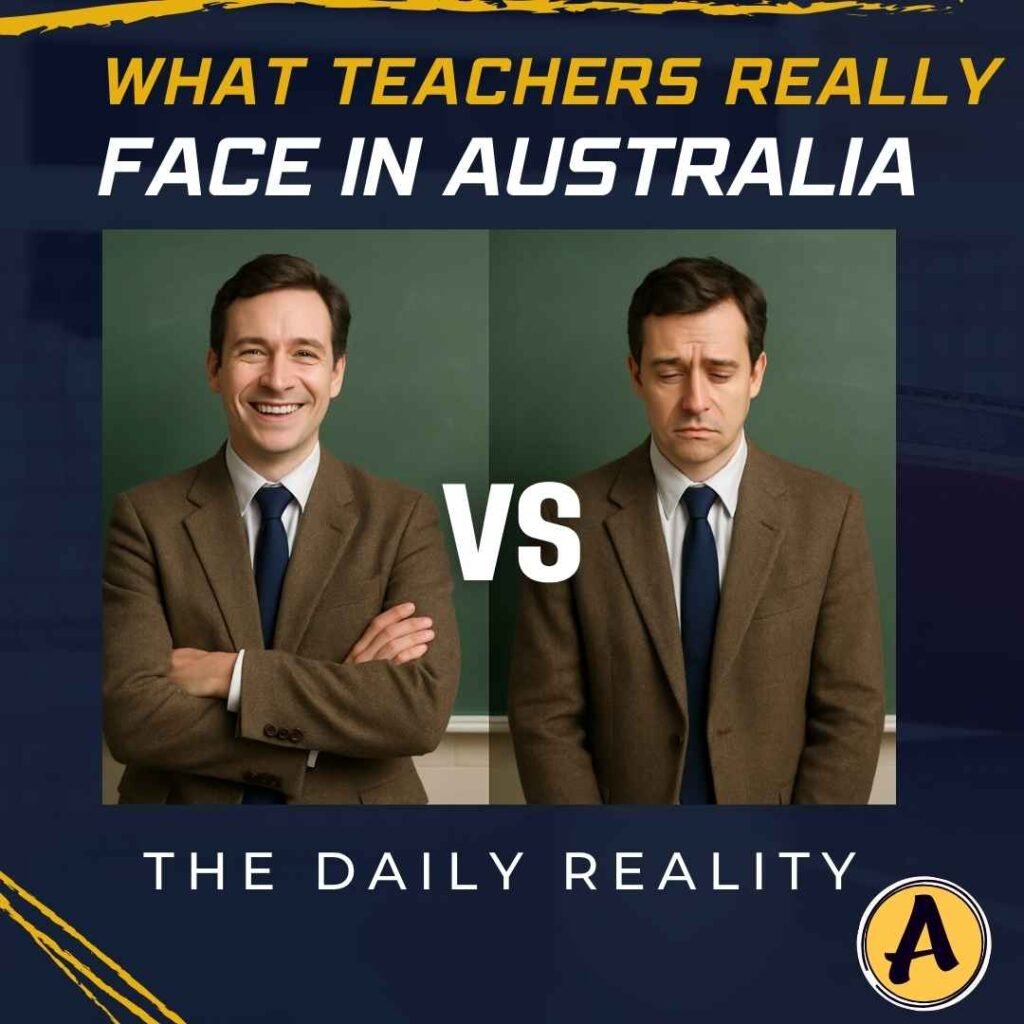 Split image showing the same maths teacher — one side smiling happily, the other looking sad — illustrating the contrast in emotions teachers face daily. The text on the image reads “What Maths Teachers in Australia Really Face” and “The Daily Reality,” with the Aussie Math Tutor NSW logo displayed