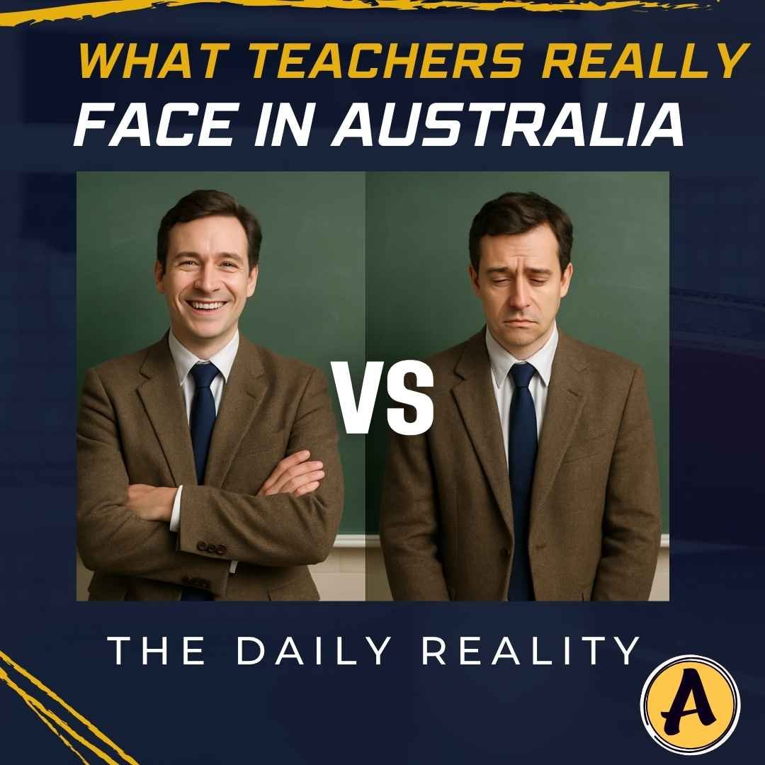 Split image showing the same maths teacher — one side smiling happily, the other looking sad — illustrating the contrast in emotions teachers face daily. The text on the image reads “What Maths Teachers in Australia Really Face” and “The Daily Reality,” with the Aussie Math Tutor NSW logo displayed