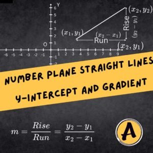 Number plane straight lines showing gradient, rise and run, and y-intercept on a graph