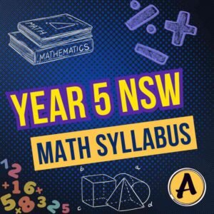 Year 5 NSW Math Syllabus graphic with maths book, numbers, symbols and geometry diagrams for primary students