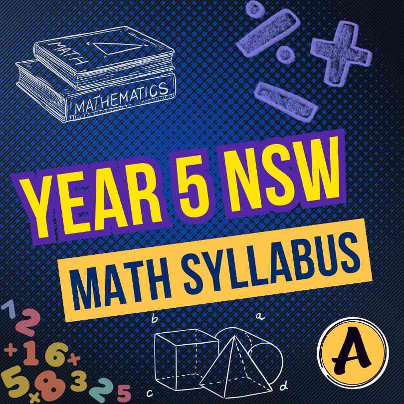 Year 5 NSW Math Syllabus graphic with maths book, numbers, symbols and geometry diagrams for primary students