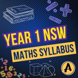 Year 1 Maths NSW Syllabus graphic with maths book, numbers, symbols and geometry diagrams for primary students