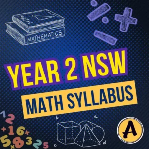 Year 2 Maths NSW Syllabus graphic with maths book, numbers, symbols and geometry diagrams for primary students