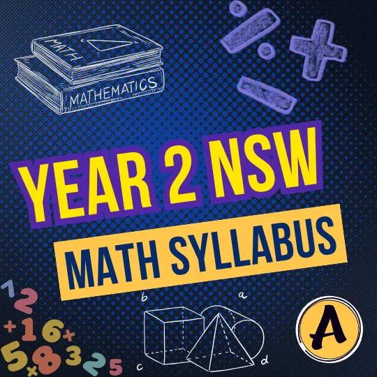 Year 2 Maths NSW Syllabus graphic with maths book, numbers, symbols and geometry diagrams for primary students