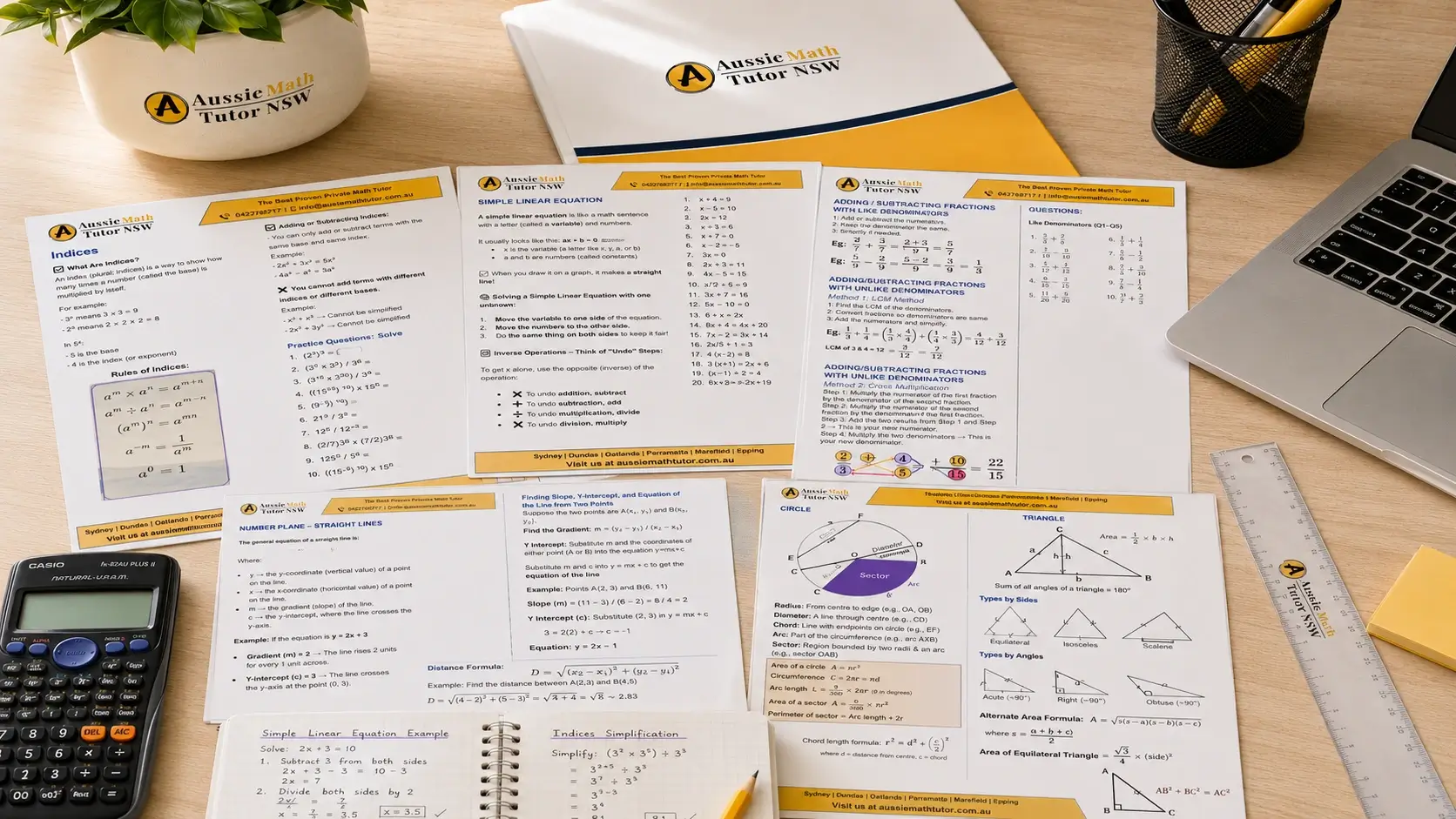 Aussie Math Tutor NSW personalised maths tutoring resources with branded notes, calculator and laptop for Years 1–10