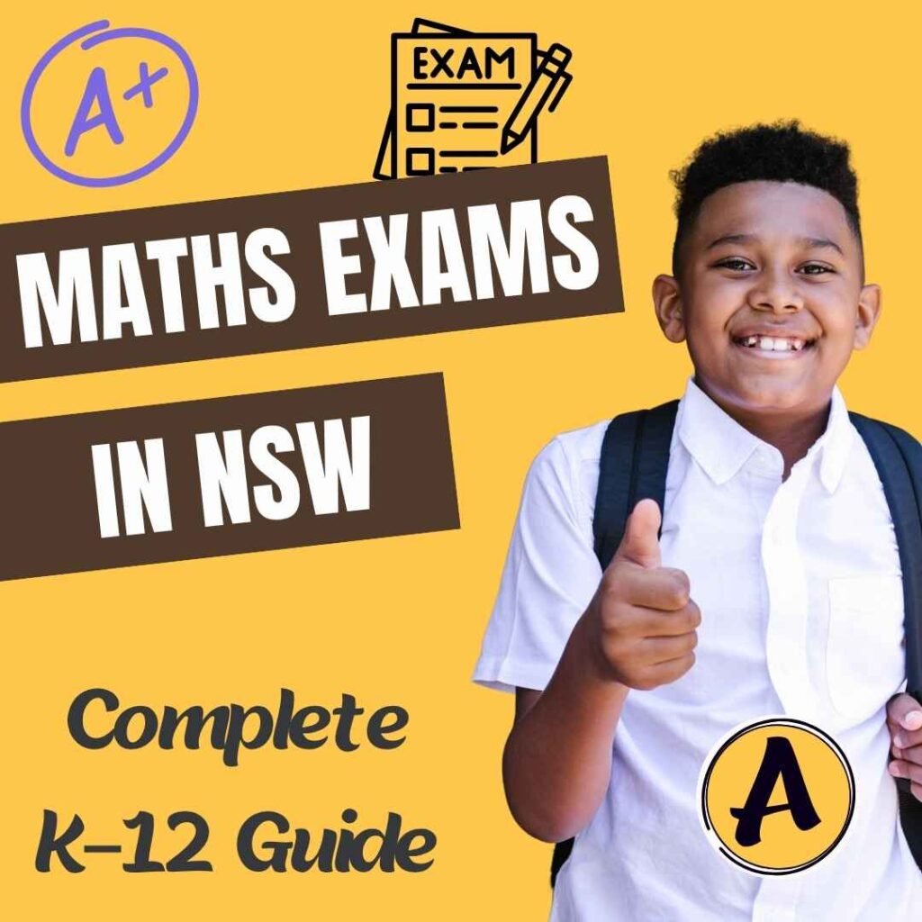 A smiling student wearing a white shirt and backpack gives a thumbs-up. The yellow and brown image includes graphic icons of an A+ stamp and a written test paper. The main text reads Maths Exams in NSW Complete K-12 Guide.